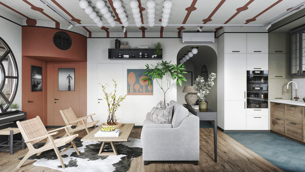 Вход в спальни выделили терракотовым цветом.