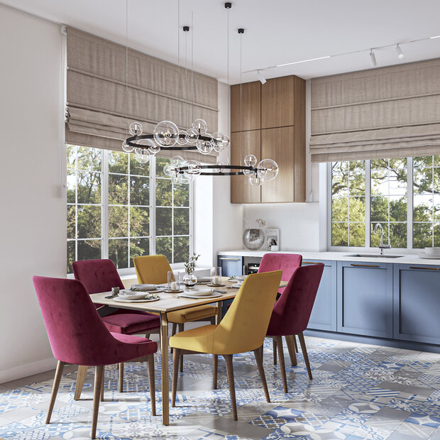 Визуализация интерьера кухни в современном стиле с яркими стульями