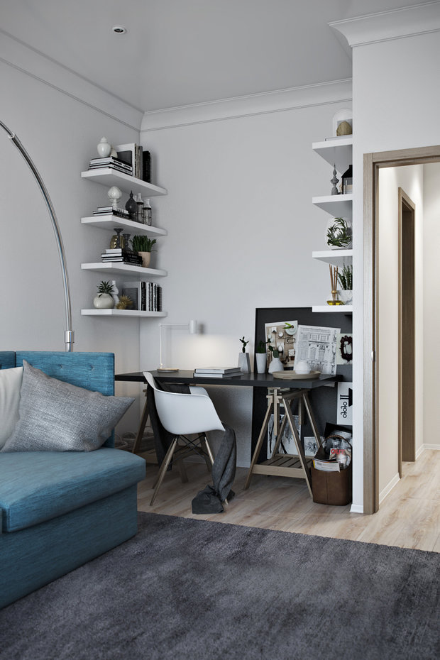 Фотография: Кабинет в стиле Скандинавский, Квартира, Проект недели, 1 комната, до 40 метров, Ольга Буравкова, Монолитно-кирпичный, ЖК «Прима-Парк» – фото на INMYROOM