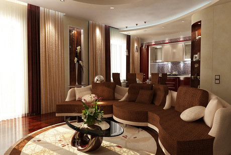 Гостиная с оттенками шоколада, современный стиль