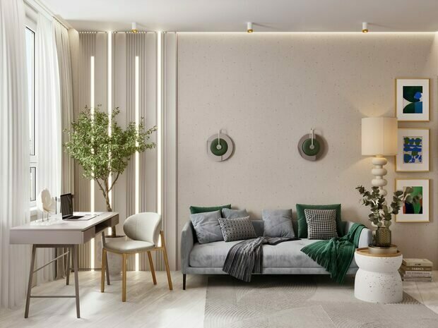 В кабинете/гостевой комнате сделали дополнительное рабочее место и поставили раскладной диван.