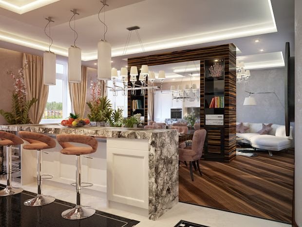 Фотография: Кухня и столовая в стиле Классический, Гостиная, Декор интерьера, Квартира, Студия, Дом, барная стойка на кухне, кухня-гостиная с барной стойкой – фото на INMYROOM