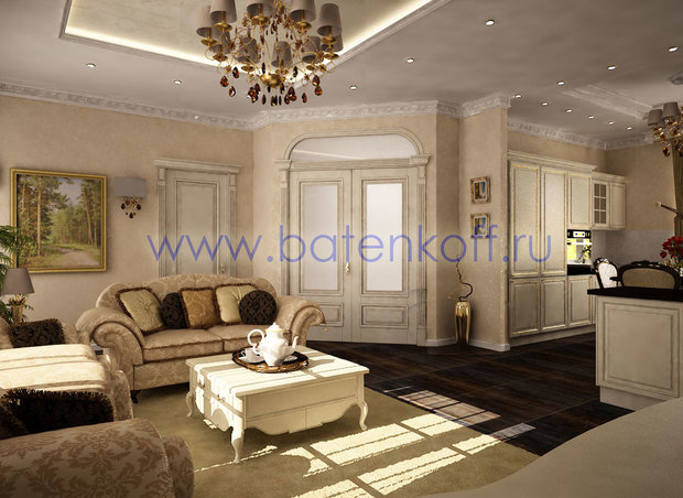 Фото из портфолио Дизайн проект гостиной в классическом стиле от Батенькофф в таунхаусе. Поселок Палникс. – фотографии дизайна интерьеров на InMyRoom.ru