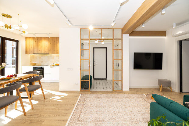 Фотография: Гостиная в стиле Современный, Квартира, Проект дня, Сочи, Блочный дом, 3 комнаты, 60-90 метров, Красная Поляна, современный с элементами минимализма и скандинавского стиля, Анна Терентьева – фото на INMYROOM