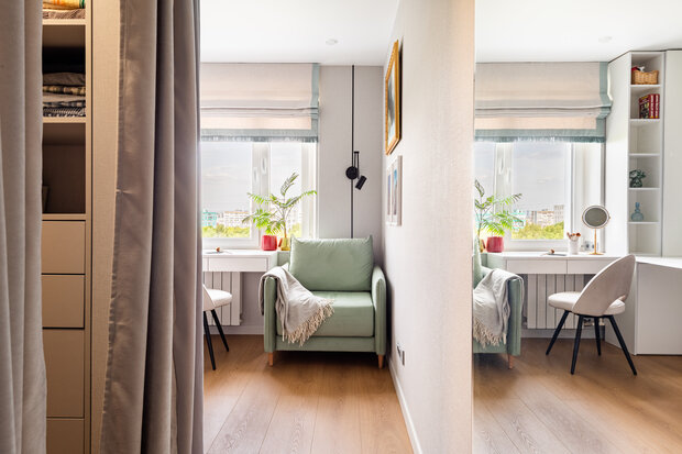 Скандинавский интерьер кабинета. Продуманная эргономика, светлые тона и функциональное зонирование.