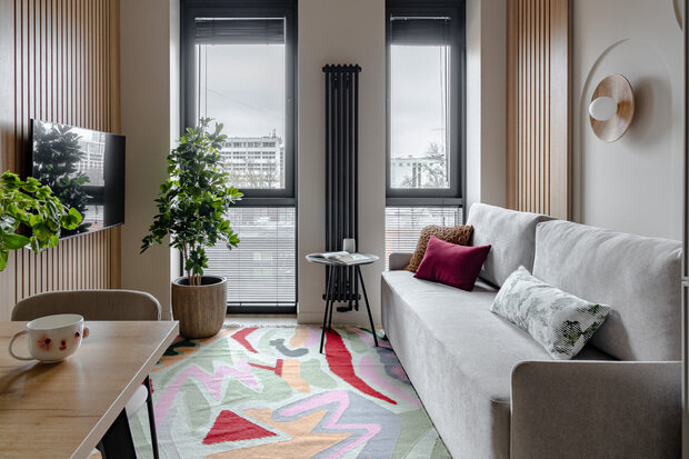 Фотография: Гостиная в стиле Современный, Малогабаритная квартира, Квартира, Проект дня, Москва, 1 комната, 40-60 метров, Ирина Долганова, современный с элементами минимализма и скандинавского стиля – фото на INMYROOM