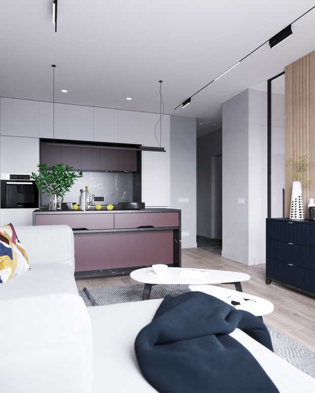 В отделке прихожей и кухни-гостиной используется краска Little Greene светлого оттенка, выступающая фоном для цветовых акцентов.