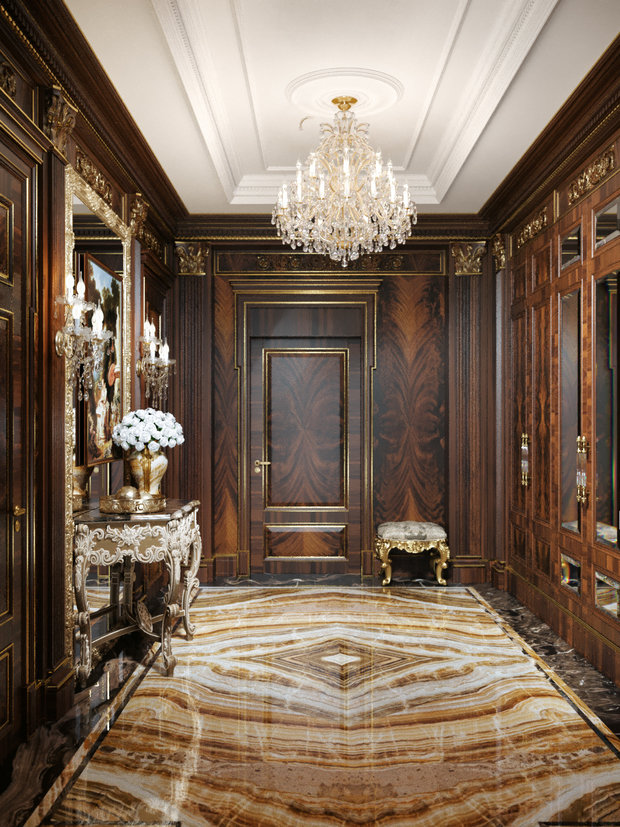 Фото из портфолио ЖК Русский Авангард, 295 кв.м., полудрагоценные полы, стены с золотыми вставками – фотографии дизайна интерьеров на INMYROOM