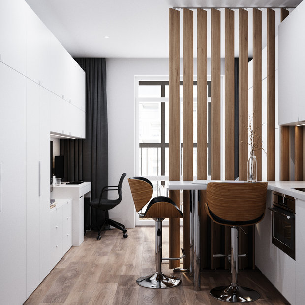 Фотография: Кухня и столовая в стиле Минимализм, Современный, Квартира, Студия, Белый, Проект недели, Серый, Голубой, до 40 метров, ПРЕМИЯ INMYROOM, Олеся Еранцева – фото на INMYROOM