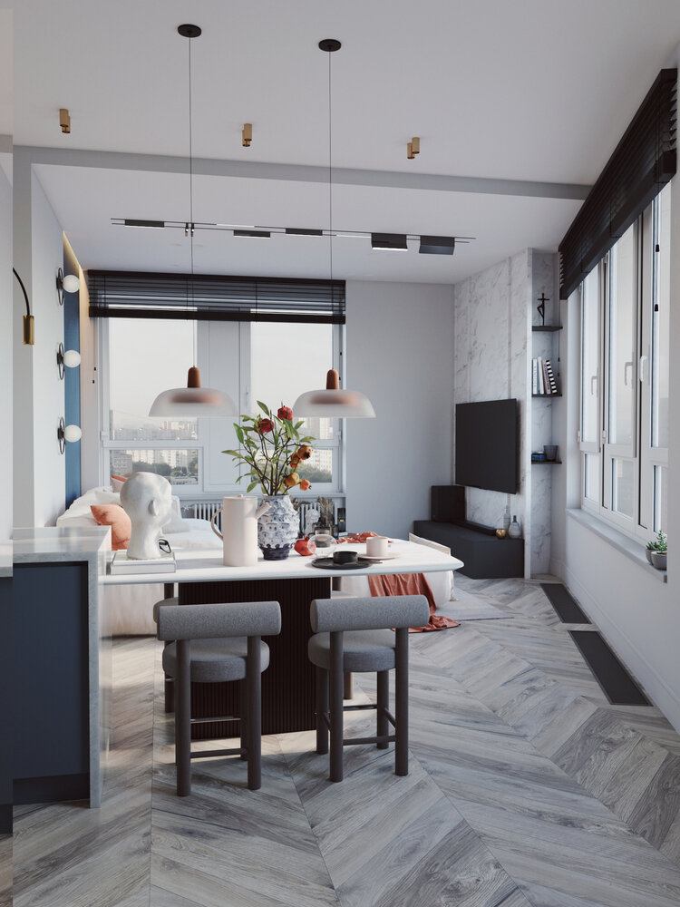 Гостиная зона получилась компактной, но вместительной. Острый угол в гостиной решили зашить и красиво оформить зону для телевизора.