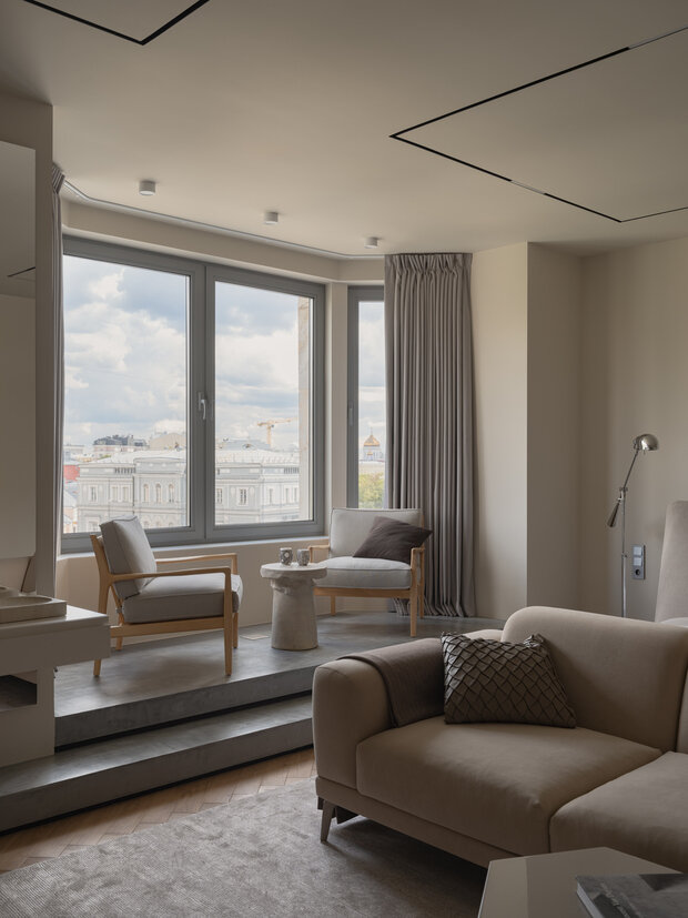 Фотография: Гостиная в стиле Современный, Минимализм, Квартира, Проект дня, Москва, Кирпичный дом, 3 комнаты, Более 90 метров, Патриаршие пруды – фото на INMYROOM