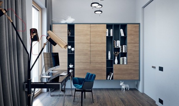 Фотография: Кабинет в стиле Современный, Квартира, Россия, Архитектура, Проект недели, Москва, Синий, Серый, Панорамные окна, ЖК Садовые Кварталы, Хамовники, архитектурная студия MOPS, Встроенные шкафы, Ольга Хованская, Мария Степанова – фото на INMYROOM