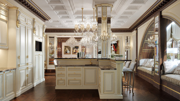 Фото из портфолио ЖК Русский Авангард, 295 кв.м., полудрагоценные полы, стены с золотыми вставками – фотографии дизайна интерьеров на INMYROOM