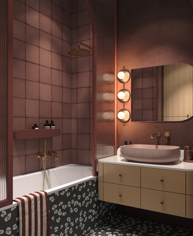 Фотография: Ванная в стиле Современный, Эклектика, Малогабаритная квартира, Квартира, Проект недели, Москва, Монолитный дом, 1 комната, до 40 метров, terracotta.buro, Илона Рафикова – фото на INMYROOM