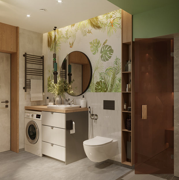 В отделке также использовали обои с растительным принтом, которые сочетали с лаконичной белой плиткой. Дверь в душевую сделали стеклянной, тонированной в коричневый цвет.