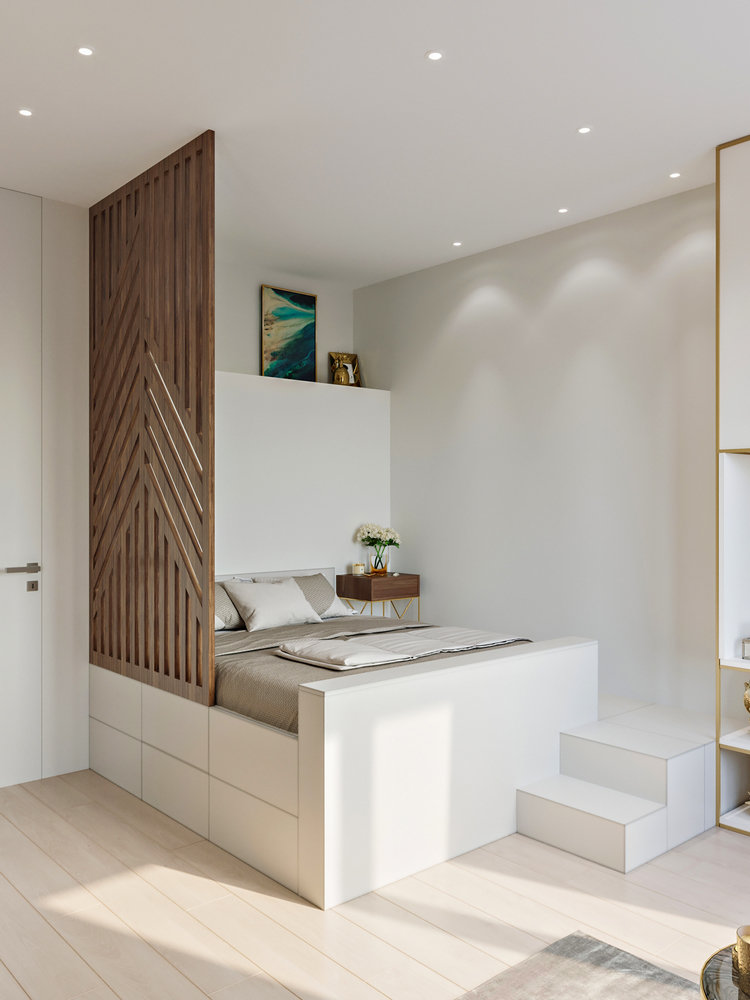 Фотография: Спальня в стиле Современный, Минимализм, Квартира, Студия, Проект недели, Москва, до 40 метров, Монолитно-кирпичный, LVM BURO – фото на INMYROOM