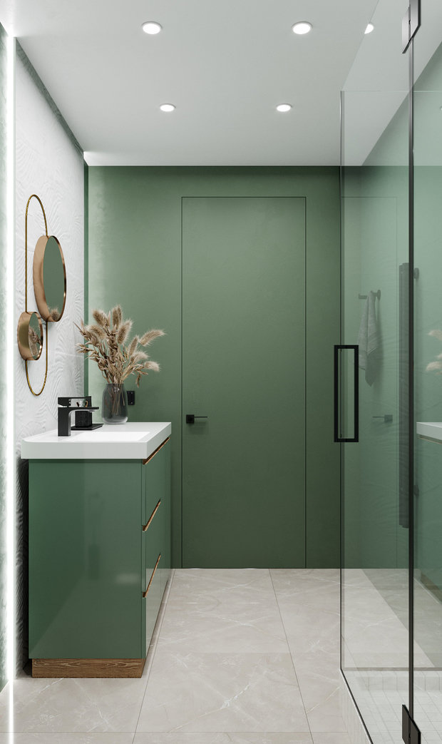 Стены в санузле частично окрашены водостойкой краской Little Greene, стены душевой и за раковиной облицованы керамической плиткой Love Ceramica, а душевой поддон — это мозаика La Paret.