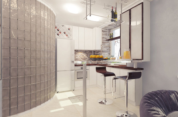 Фотография: Кухня и столовая в стиле Современный, Хай-тек, Квартира, Россия, Vitra, Белый, Проект недели, Бежевый, Dulux, Серый, Коричневый, Эко, ИКЕА, Kerama Marazzi, Новая Москва, Стильные кухни, Aureliano Toso, Vetroarredo, Kermi, Am.Pm, Devon Devon, PremierDecor, Azteca, Kludi Steel, Виктория Качуровская, Александра Бронникова, АрхБрови, ArchBrovi, студия для двоих в экостиле, скругленные углы, стена из стеклоблоков, однушка из двушки, Тушино – фото на INMYROOM