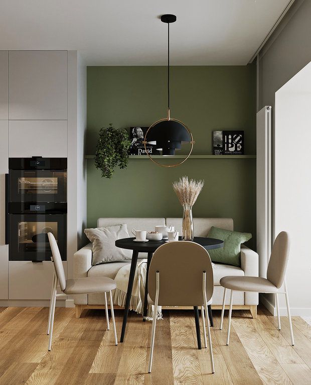 «Несмотря на маленькую площадь, было очень интересно работать над проектом этой квартиры: заказчики пришли к нам с хорошими идеями, и мы сразу нашли общий язык. Так, зеленый цвет в комбинации с черными деталями (такое сочетание очень нравится заказчикам) стал отправной точкой для создания интерьера», — рассказывают дизайнеры.