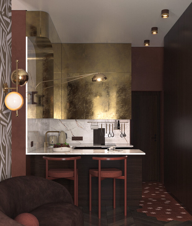 Фотография: Кухня и столовая в стиле Современный, Эклектика, Малогабаритная квартира, Квартира, Проект недели, Москва, Монолитный дом, 1 комната, до 40 метров, terracotta.buro, Илона Рафикова – фото на INMYROOM