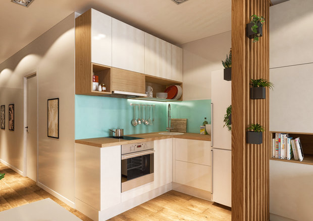 Фотография: Кухня и столовая в стиле Скандинавский, Современный, Малогабаритная квартира, Квартира, Студия, Белый, Проект недели, Голубой, Московская область, Монолитный дом, до 40 метров, One Line Design – фото на INMYROOM