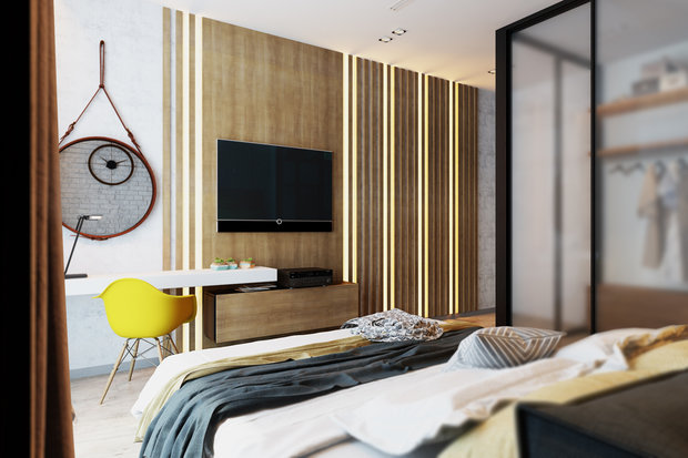 Фото из портфолио Спальня с белым кирпичом и яркими акцентами – фотографии дизайна интерьеров на INMYROOM