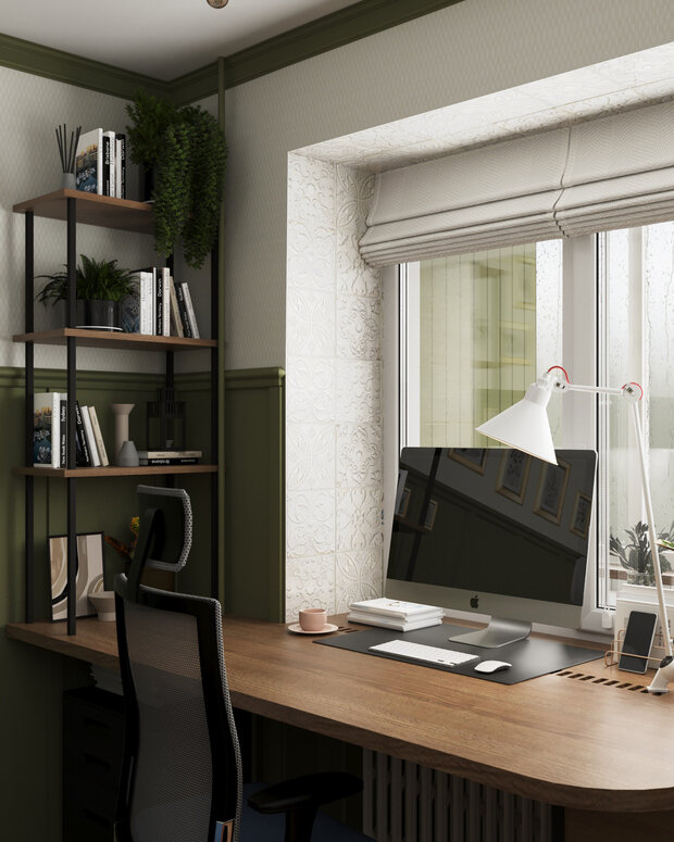 Фотография: Кабинет в стиле Современный, Малогабаритная квартира, Квартира, Проект дня, Московская область, Кирпичный дом, 1 комната, до 40 метров, Анастасия Струве, современный с элементами классики и винтажа – фото на INMYROOM