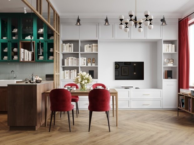 В этой квартире системам хранения уделили много внимания — во всех помещениях можно увидеть шкафы в потолок, также предусмотрена отдельная гардеробная.