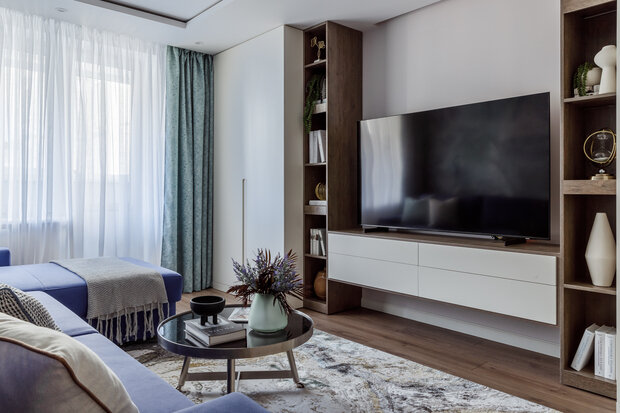 Фотография: Гостиная в стиле Современный, Квартира, Проект дня, Москва, И-522А, Панельный дом, 3 комнаты, 60-90 метров, Ольга Филиппова – фото на INMYROOM