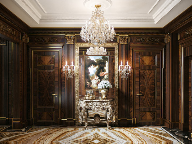 Фото из портфолио ЖК Русский Авангард, 295 кв.м., полудрагоценные полы, стены с золотыми вставками – фотографии дизайна интерьеров на INMYROOM