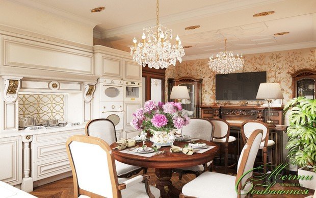 Фото из портфолио Гостиная-кухня-столовая в неоклассическом стиле – фотографии дизайна интерьеров на INMYROOM