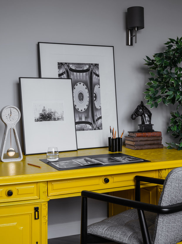 Старинные книги также достались от предыдущих хозяев квартиры, они оставили их целый мешок. Заказчица увлекается лошадьми, у нее есть свой конь, поэтому в квартире имеется несколько статуэток с изображением этого грациозного животного.