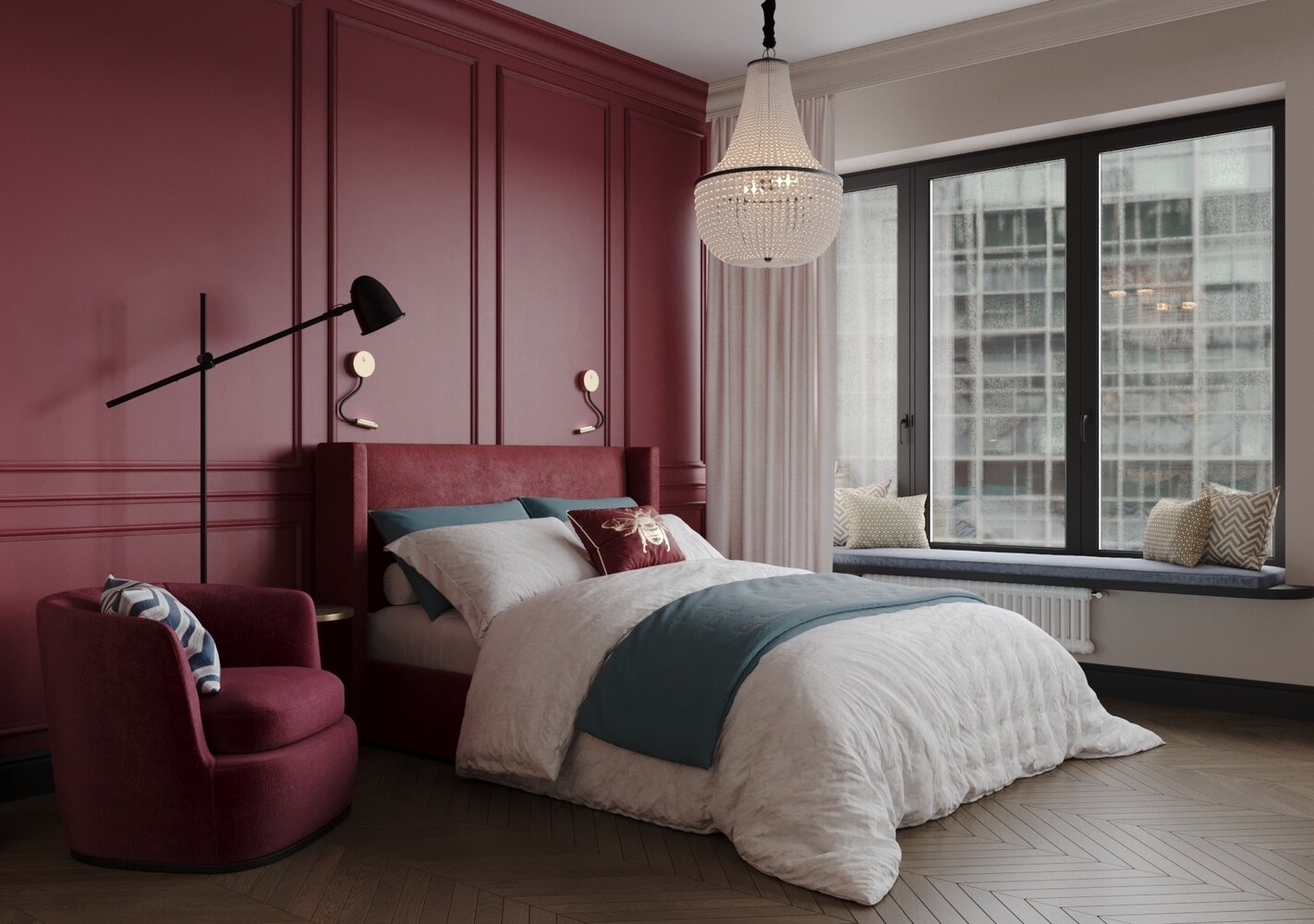 Окна в квартире уже были черные, поэтому сложно было сделать нейтральный светлый интерьер. Заказчице нравилась идея добавить графичности — отсюда появился черный цвет — с оконных переплетов он перешел на плинтус и наличники дверей, дополнился черными мелкими деталями.