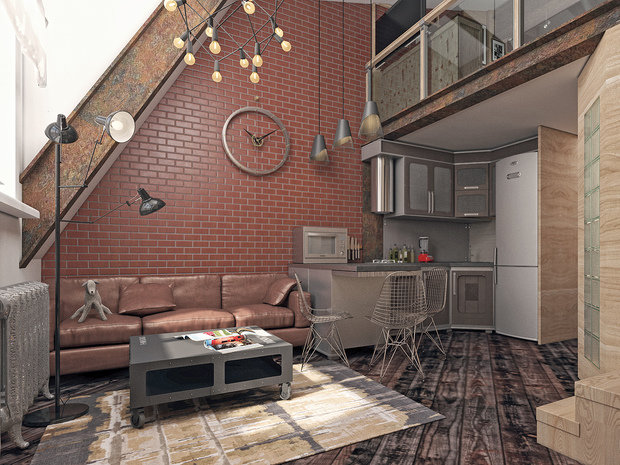 Фотография: Гостиная в стиле Лофт, Квартира, Студия, Проект недели, Москва, Сергей Пилецкий, Лофт Гарден, антресольный этаж – фото на INMYROOM