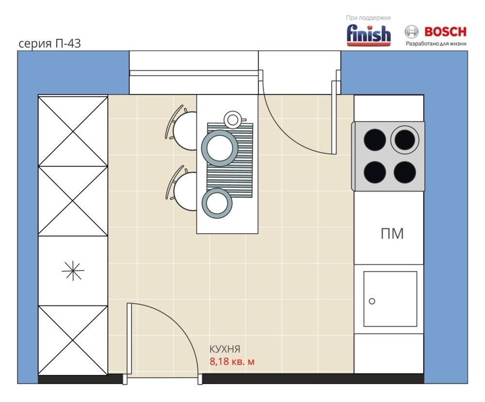 Фотография: Планировки в стиле , Кухня и столовая, Перепланировка, П-43, Анастасия Киселева, Максим Джураев, Панельный дом, Finish – фото на INMYROOM