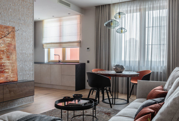 Фотография: Гостиная в стиле Минимализм, Современный, Квартира, Проект дня, Москва, 4 и больше, 60-90 метров, Нина Абасеева, Сергей Щеповлалин – фото на INMYROOM