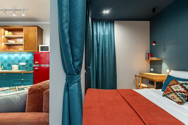 Фотография: Спальня в стиле Современный, Эклектика, Малогабаритная квартира, Квартира, Студия, Проект дня, Москва, до 40 метров, малогабаритки, современный с элементами ретро, фото интерьера, дизайн интерьера фото, Светлана Немцова – фото на INMYROOM