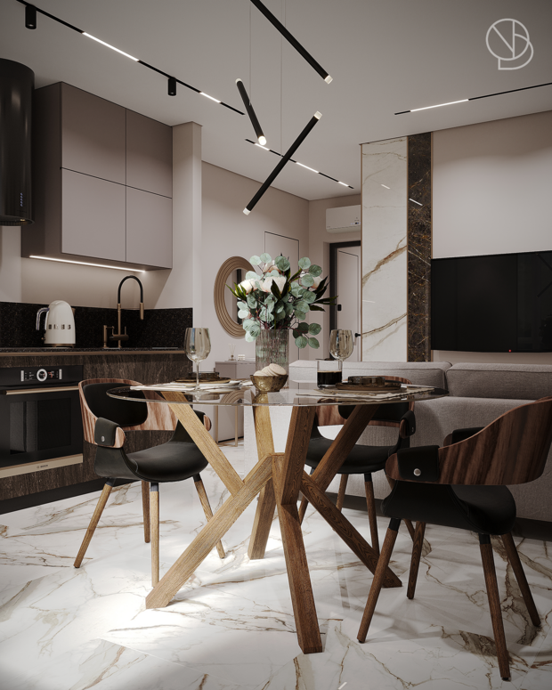 Визуализация интерьера кухни-столовой в современном стиле