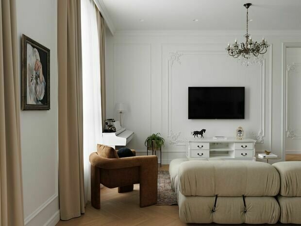 Фотография: Гостиная в стиле Классический, Современный, Квартира, Проект дня, Москва, 2 комнаты, 60-90 метров, современный с элементами классики и роскоши, современный с элементами неоклассики, Ксения Луб – фото на INMYROOM