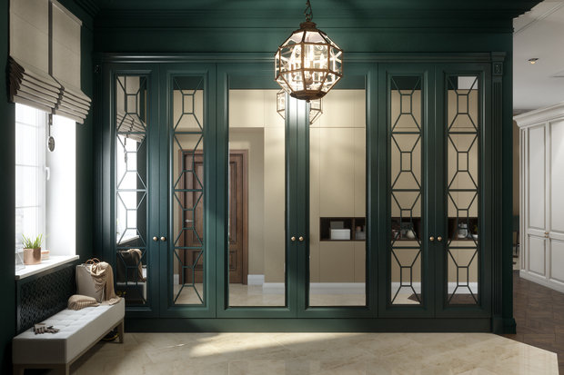 Визуализация гардеробной в классическом стиле с изумрудными шкафами