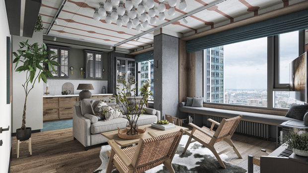 Необычное решение выбрали для потолка: сначала его украсили геометрическим принтом, а потом установили штанги для спотов во всю длину комнаты и плафоны-шары в центре. Выглядит очень круто!