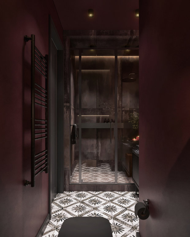 В однотонном санузле стильно смотрится плитка с узором, она добавляет динамики в интерьер.