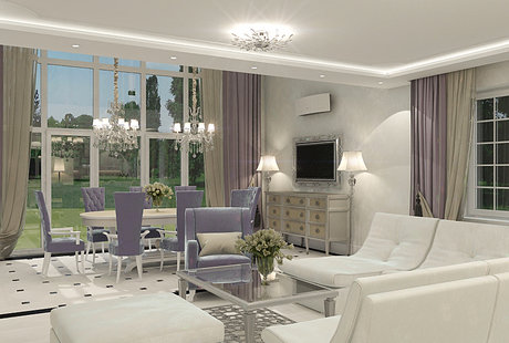 Дизайн интерьера Гостиная-кухня в коттеджном поселке "Марсель" г.Москва