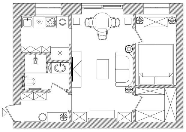 Фотография: Планировки в стиле , Малогабаритная квартира, Квартира, Проект дня, Москва, Хрущевка, Кирпичный дом, 2 комнаты, до 40 метров, Винтажный, эклектика с элементами классики и современного, Дмитрий Якубов – фото на INMYROOM