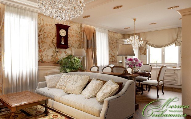 Фото из портфолио Гостиная-кухня-столовая в неоклассическом стиле – фотографии дизайна интерьеров на INMYROOM