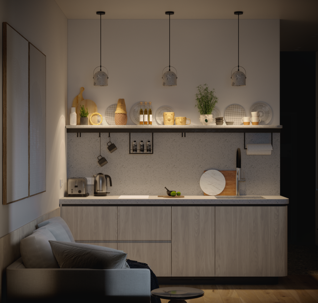 В зоне кухни предусмотрели встраиваемые точечные светильники и подсветку полок, над кухонным фронтом разместили подвесные светильники.