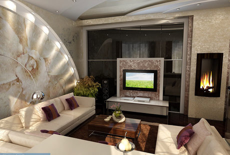 Гостиная и столовая-кухня в загородном доме, современный стиль