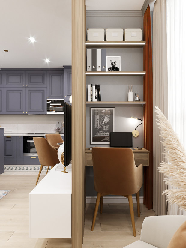 Заказчики много времени проводят дома, поэтому важно было организовать для них рабочие места: мини-кабинет в гостиной за реечной перегородкой и универсальный туалетный стол в мастер-спальне.