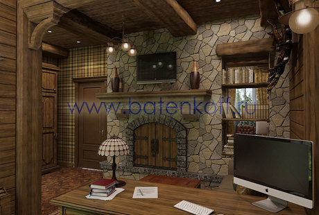 Дизайн проект кабинета в охотничьем стиле от Батенькофф в таунхаусе. Поселок Палникс.