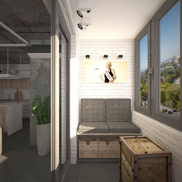 Визуализация интерьера балкона в стиле лофт